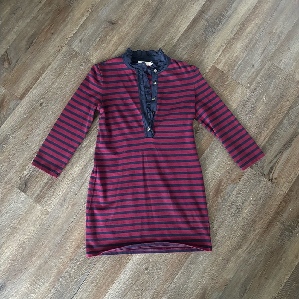 TORY BURCH Striped Polo Mini Shirts Dress Burgundy/Navy